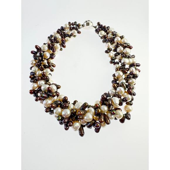 Freshwater Pearl Multi Strand Collar Fancy Artisan Made Sterling Clasp Necklace - Picture 10 of 12